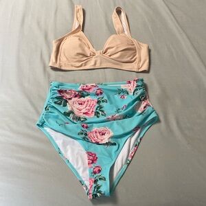 NEW Floral Peach Blue High Waisted Bikini Set